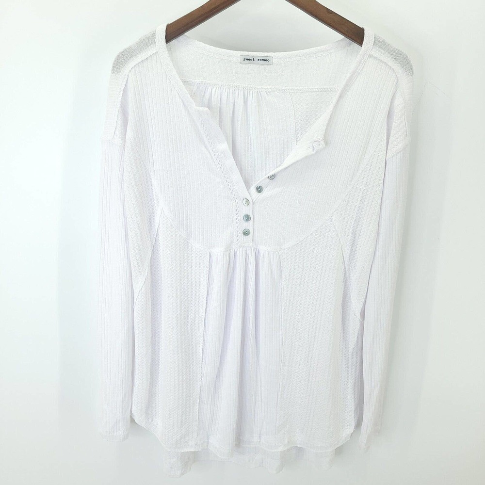 Sweet Romeo Henley Womens Medium Solid White Long Sleeve Waffle Knit Peasant
